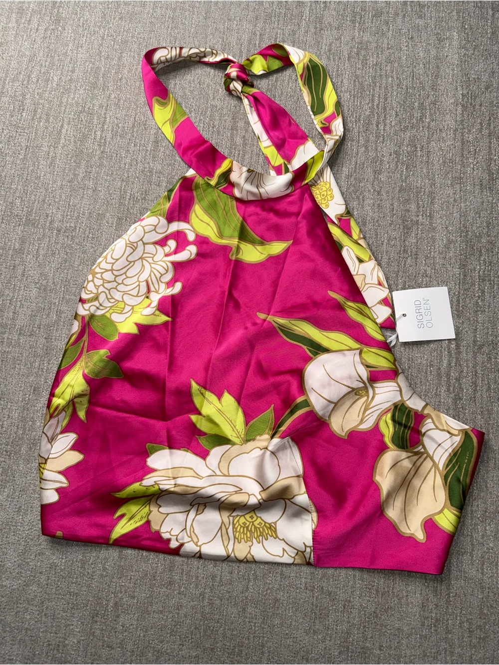 Sigrid Olsen Floral Halter Top Pink Green Satin NWT L